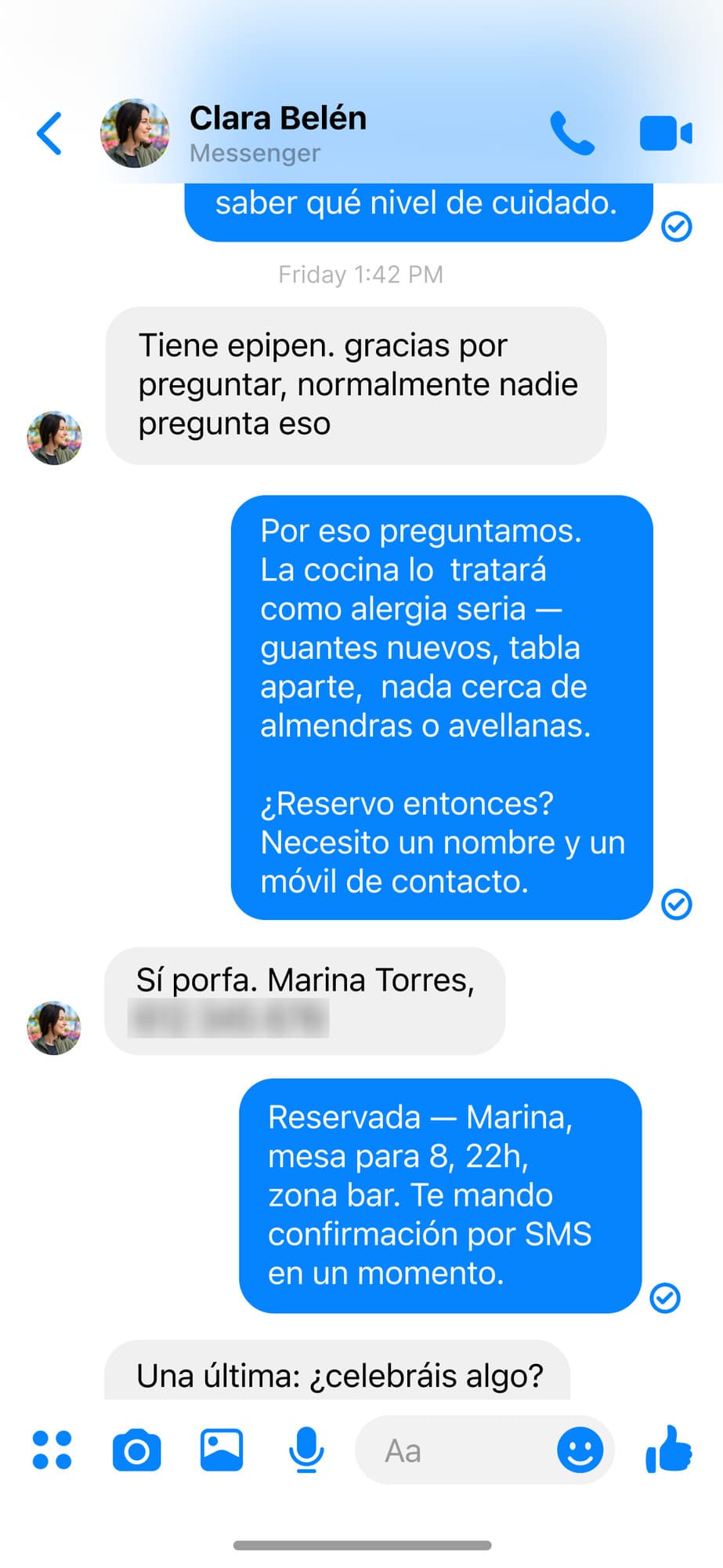 Restaurant · Severe allergy flagged, booking confirmed in seconds · ES